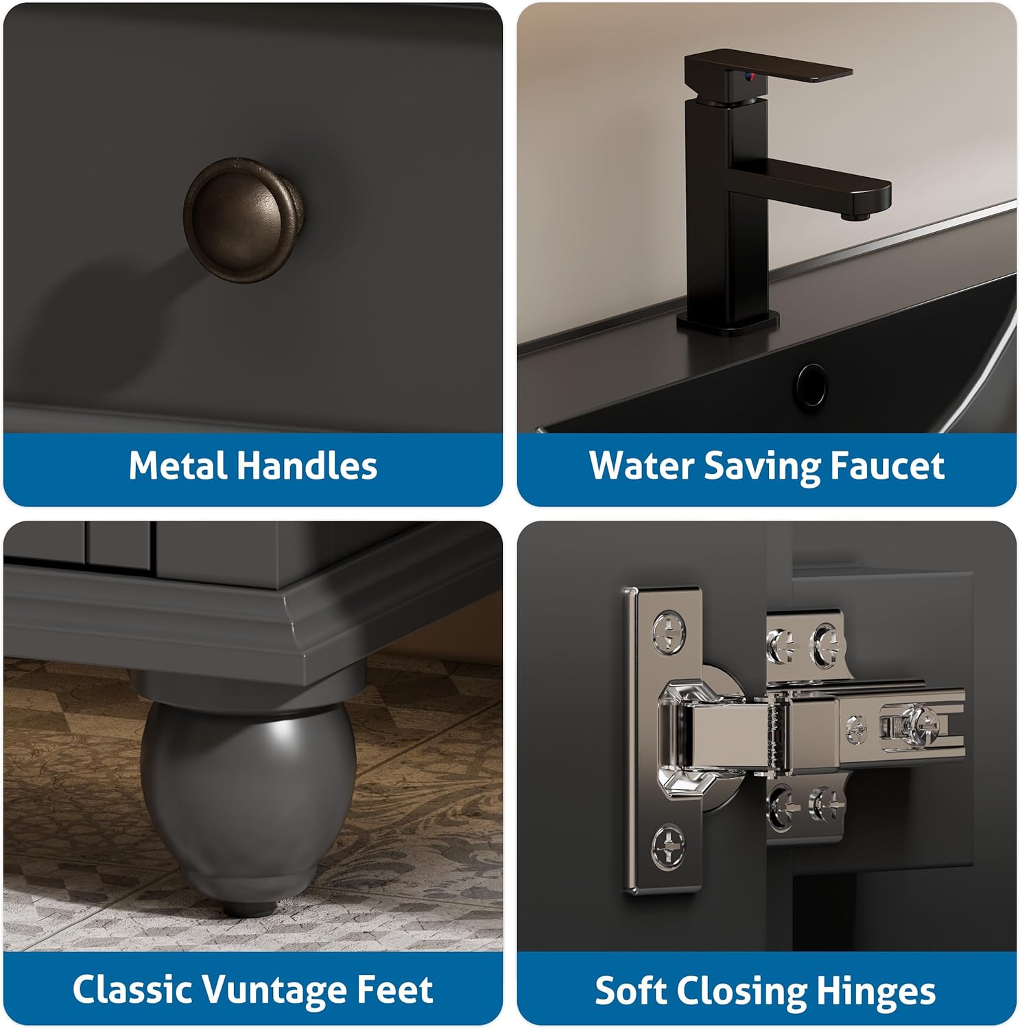 eclife 30" Bathroom Vanity Sink Combo Vintage Style with Painted Solid Wood Construction, Retro Vanities Storage Cabinet w/Gourd Leg Base, Undermount Black Sink Faucet Drain, Gray