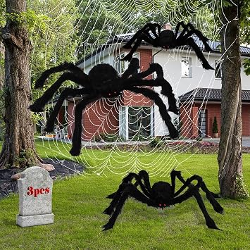 DIYDEC 3Pack Halloween Hairy Spider Set 50",35",30" | Realistic Giant Scary Spider Props Decoration with Spider Web for Indoor and Outdoor Decoration