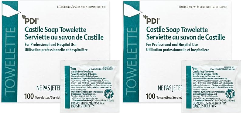PDI Lenços umedecidos com sabonete de Castela, 2 caixas com 100 unidades embaladas individualmente, 19,56 cm x 12,7 cm