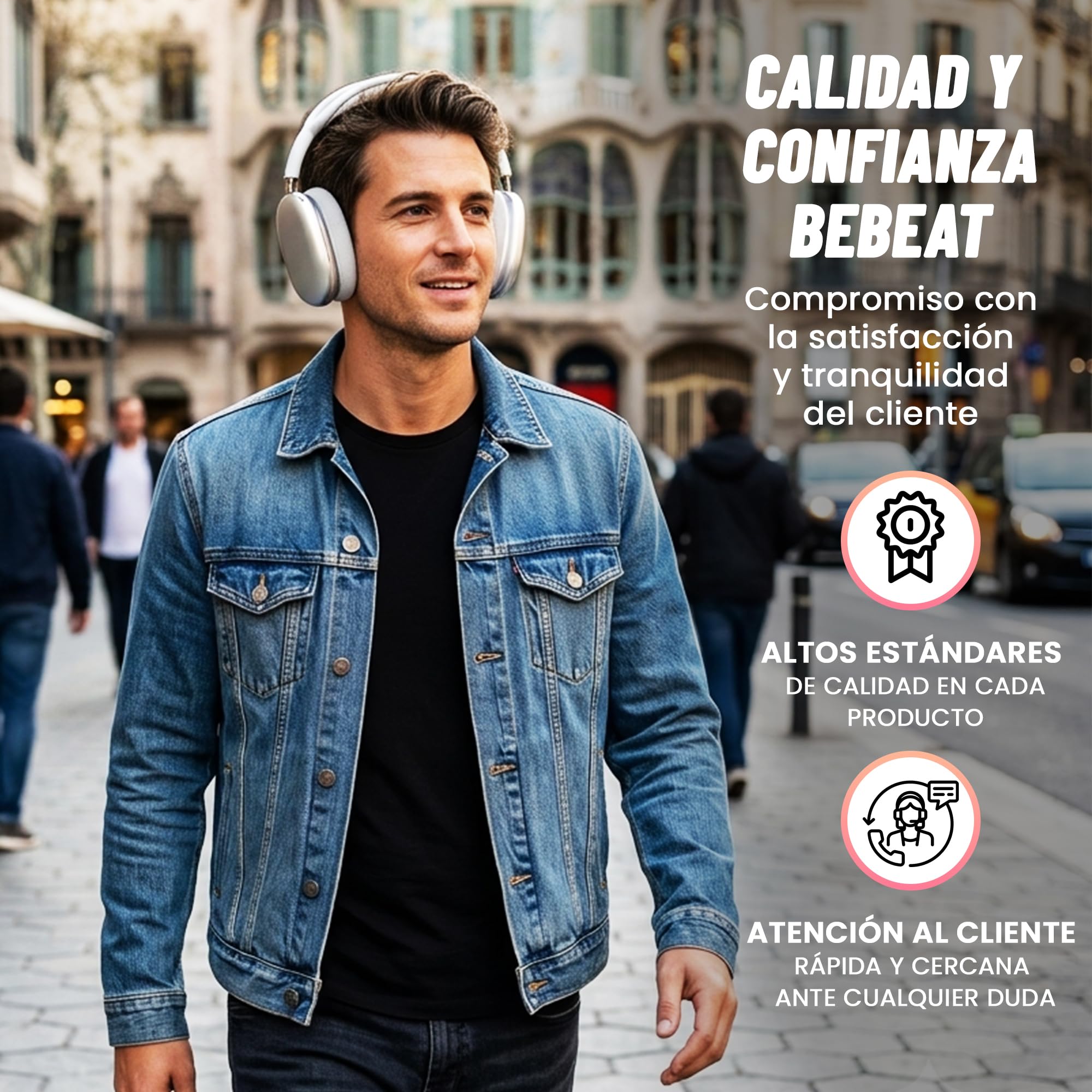 BEBEAT - Auriculares Inalambricos Bluetooth Diadema con Cancelación de Ruido Activa - 75 Horas de Uso - Carga Rápida, Ecualizador, Carga USB-C, Rango de 10 m, Llamadas Nítidas, iOS y Android.
