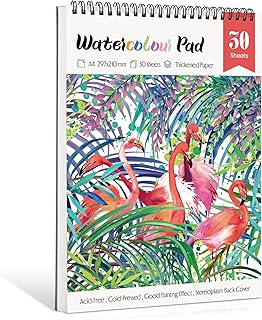 NAKIYO Watercolour Paper A4, 30 Sheets Watercolour Sketchbook Drawing Pad, 220GSM Acid Free Textured Paper, Art Supplies for Artist, Cold Pressed Art Pad for Teens Kids Student Adults-Flamingo