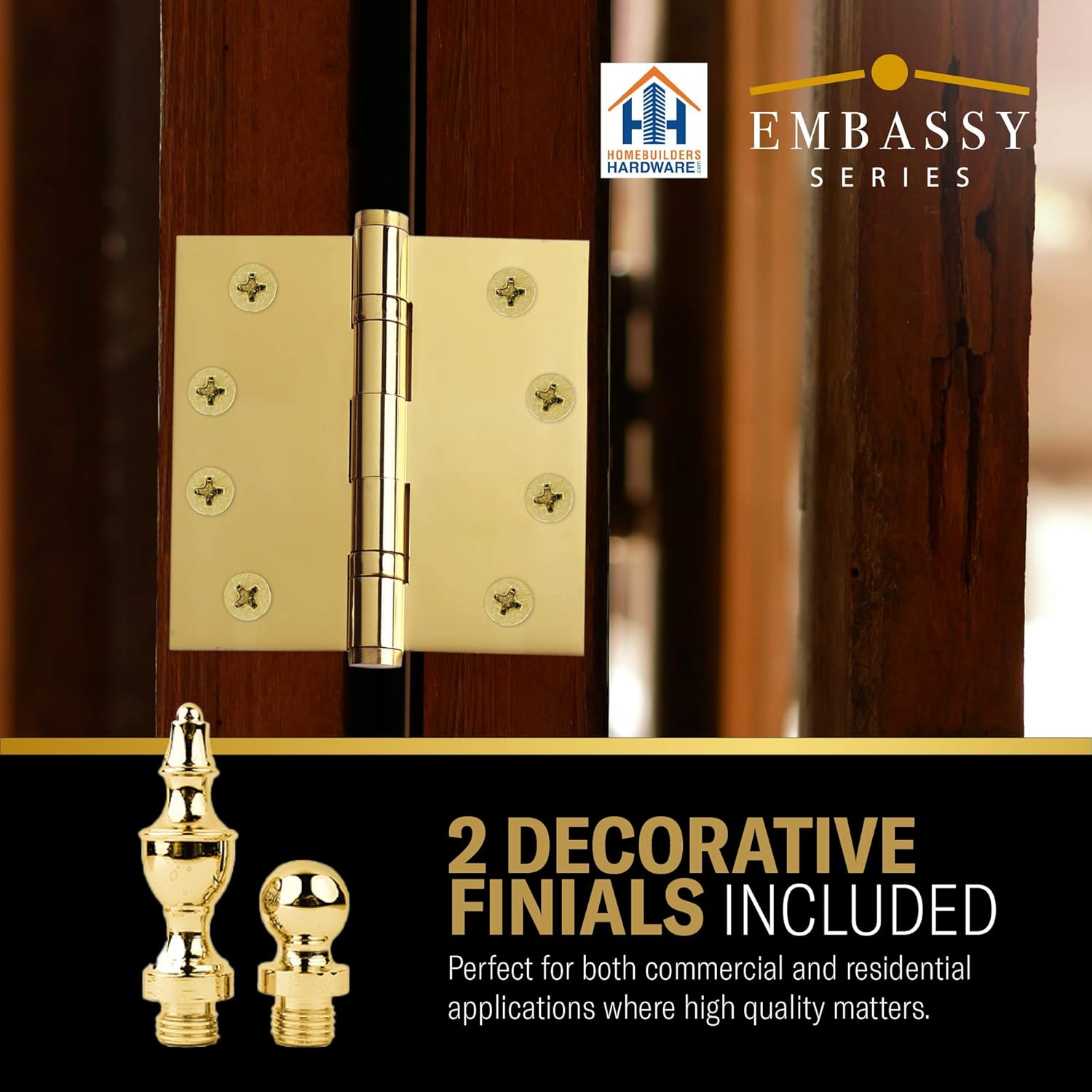 EMBASSY Door Hinge Solid Brass - 3.5 x 3.5 Inch, Heavy Duty, Polished Brass, Ball Bearings, Rust Resistant Stainless Steel Pin, Architectural Designer Grade, Home Improvement, 3 Pack