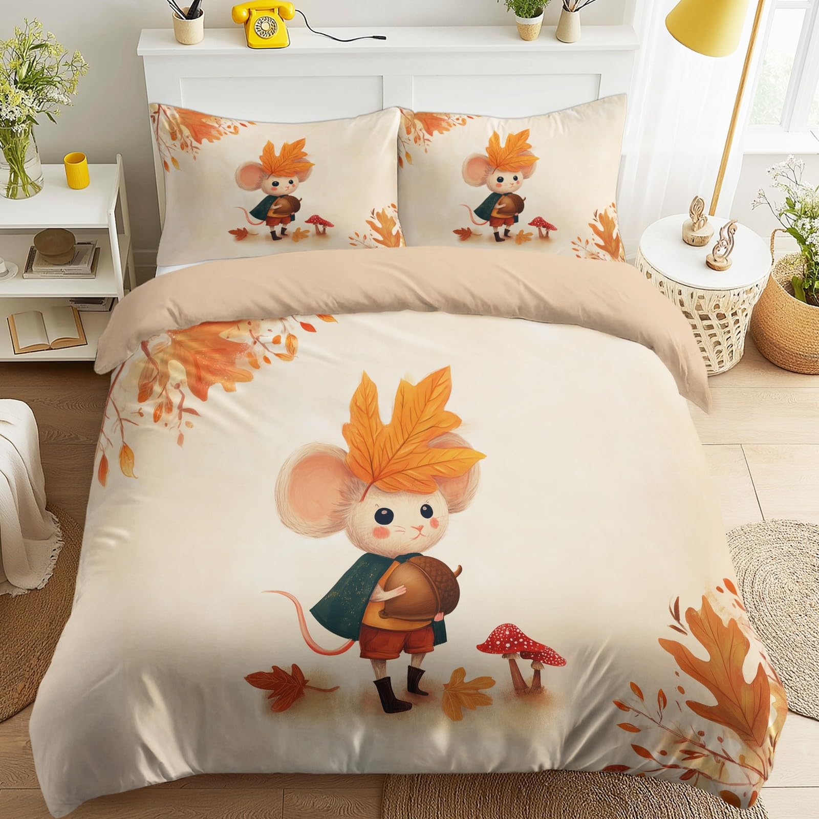 Housse de Couette 200 x 220 cm Automne Forêt Animaux Parure de Lit Orange Microfibre avec Zip