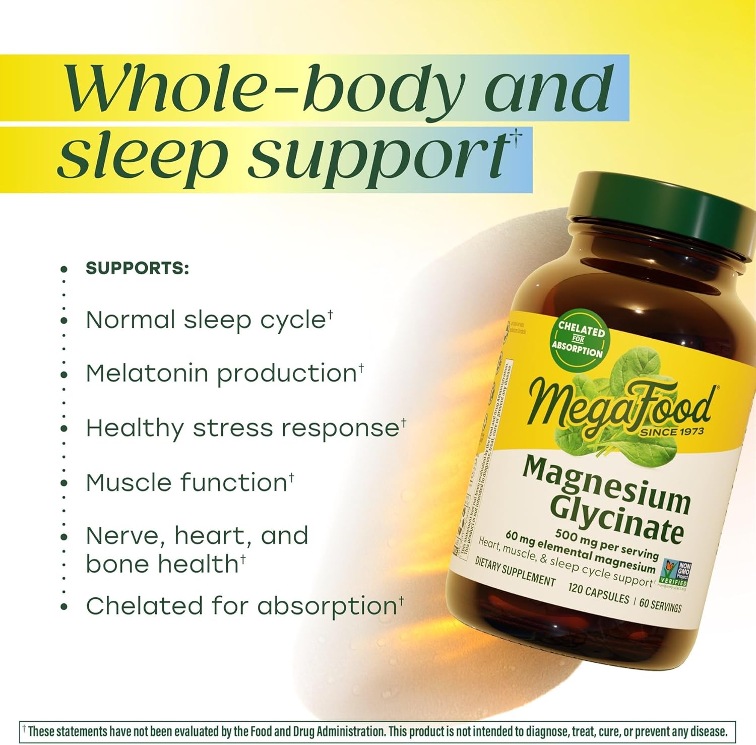 MegaFood Magnesium Glycinate 500mg - Chelated Magnesium Supplement - 60mg Elemental Magnesium - Gentle on the Stomach - Supports Normal Sleep Cycle & Healthy Stress Response - 120 Capsules 60 Servings - Image 3