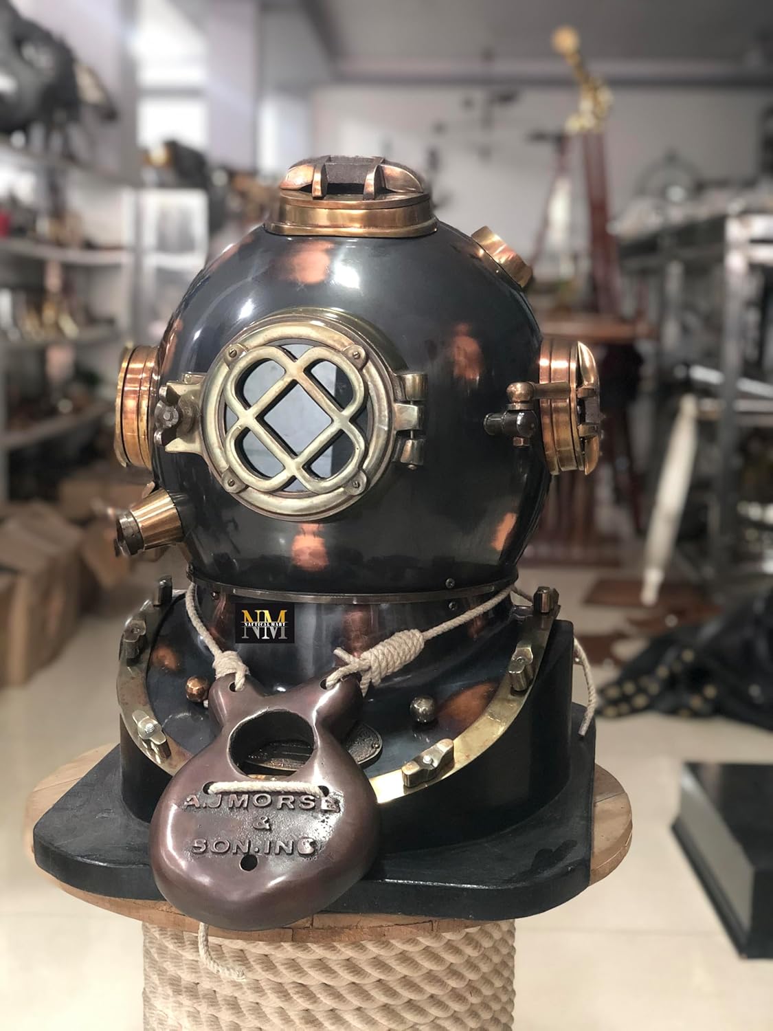 U.S Navy Mark IV Solid Brass Antique Diving Divers Helmet Full Size with Base Deep Sea Scuba Helmet