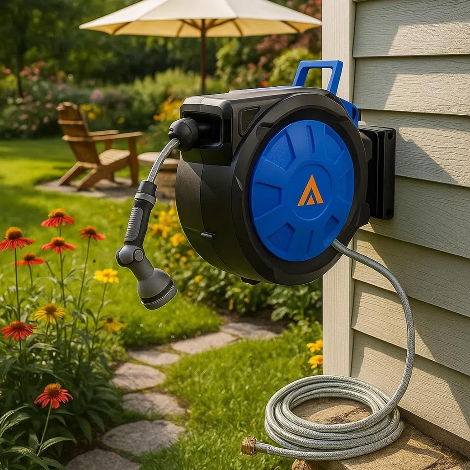 KORVOS Retractable Garden Hose Reel, 1/2"x 112 ft Hose Reel Wall Mounted, Heavy Duty Garden Water Hose Reel with 10 Pattern Nozzle, Any Length Lock, Slow-Rewind Return System, 180°Swivel Bracket