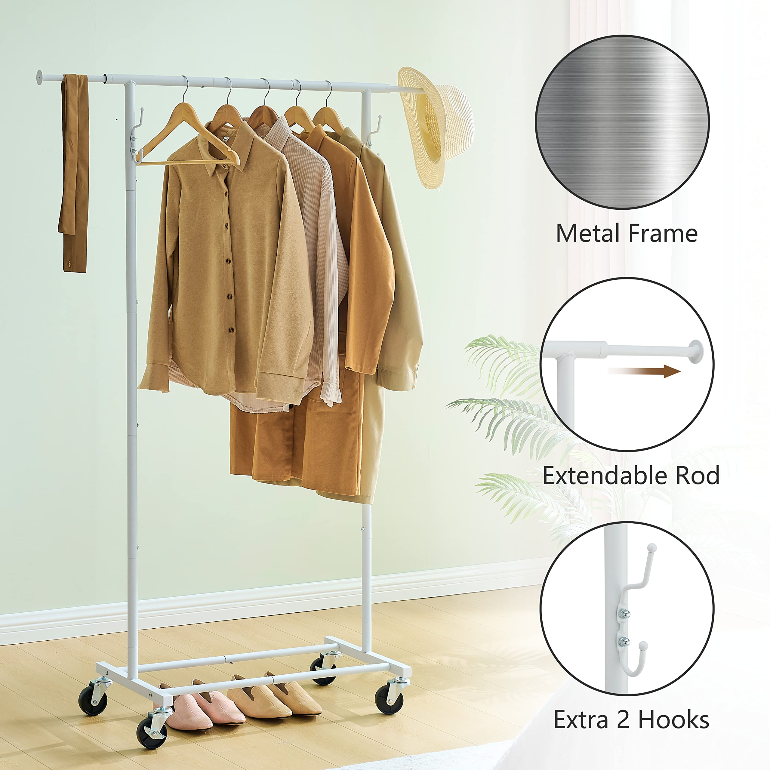 Gewudraw White Rolling Garment Rack, Portable Double Rod Clothes Rack On Wheels