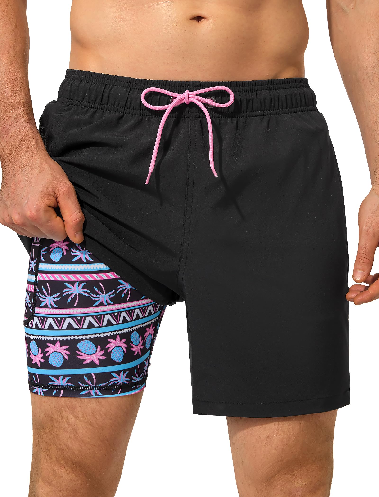 Photo 1 of ***RUNS BIG*** SILKWORLD Swim Trunks Men 7 Inch Bathing Suits Zipper Pockets Swimming Shorts for Vacation, Pool, Beach, Surfing, Casual, Black Pineapple, Large