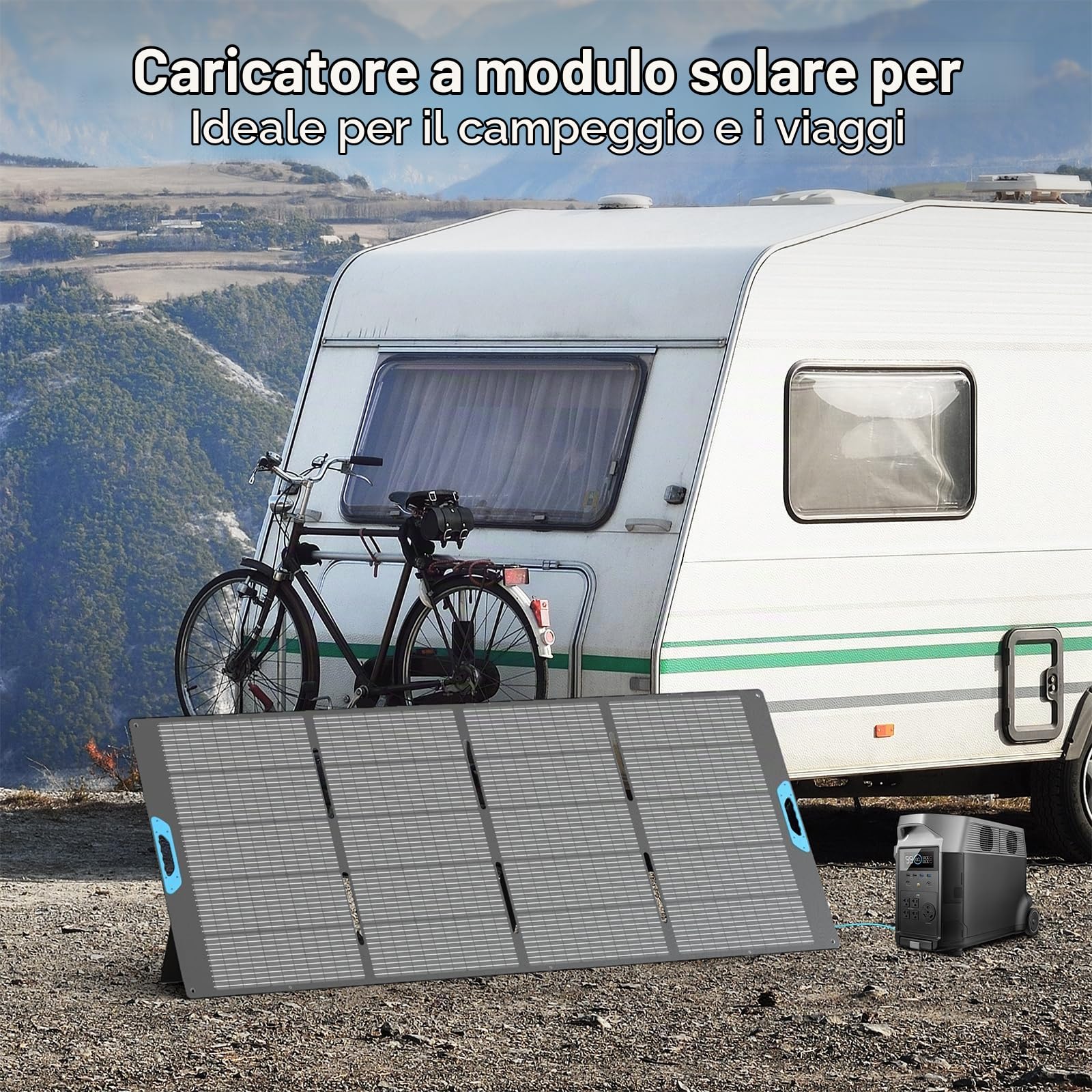 Pannello solare pieghevole 400 W, monocristallino con efficienza del 23,5%, impermeabile IP67, con supporto e adattatore Anderson, compatibile con Powerstation, generatore, camper, campeggio