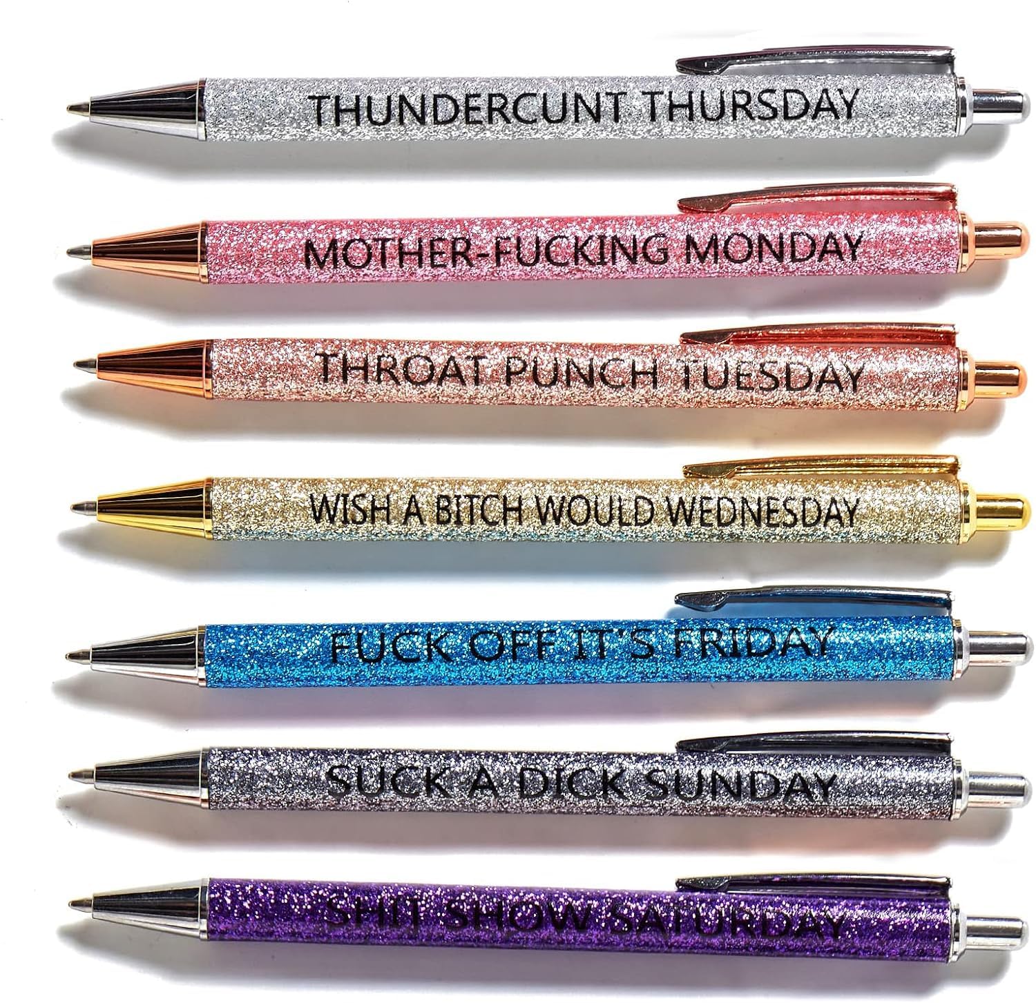 7pcs funny pens for adults, Seven Days of The Week Pen Describing Mentality,Glitter Ballpoint Pens,Black Ink Medium Point 1.0 mm Gift Pens, Cute Pens Office Supplies for Women