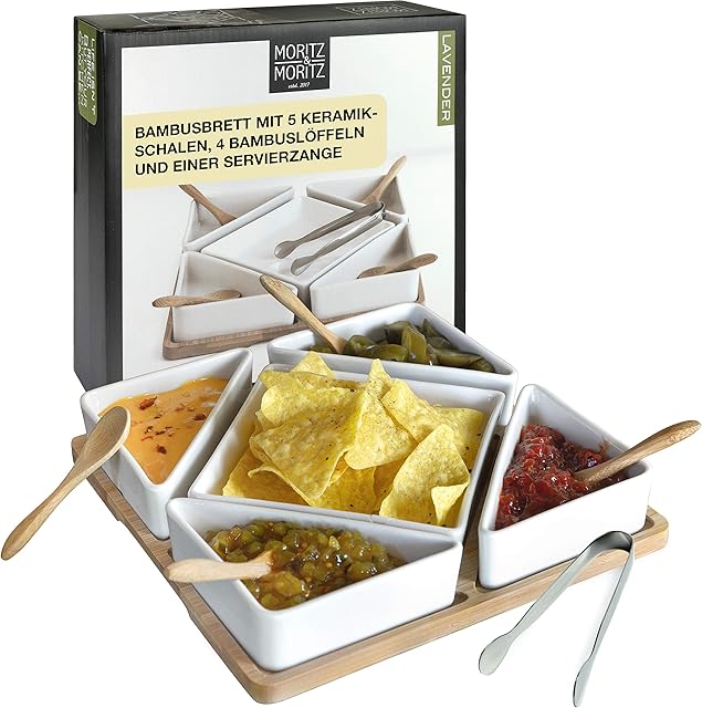 Moritz & Moritz Serving Platters Set - Bamboo Tray with White Ceramic Bowls and Spoons - for Dips Snacks and Starters