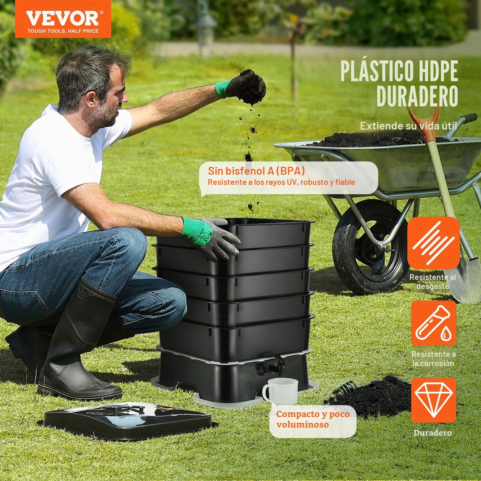 VEVOR Compostador de Lombrices 50 L con 5 Bandejas Compostador de Jardín Contenedor de Abono de Lombrices para Reciclaje de Residuos de Alimentos Excrementos de Lombrices Té de Lombrices Lombricultura
