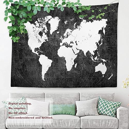 Miniatura 3 de Shrahala Tapiz de pared de mapa del mundo negro, blanco grungy mapamundi para colgar en la pared, tapiz grande decorativo de fibra de poliéster,