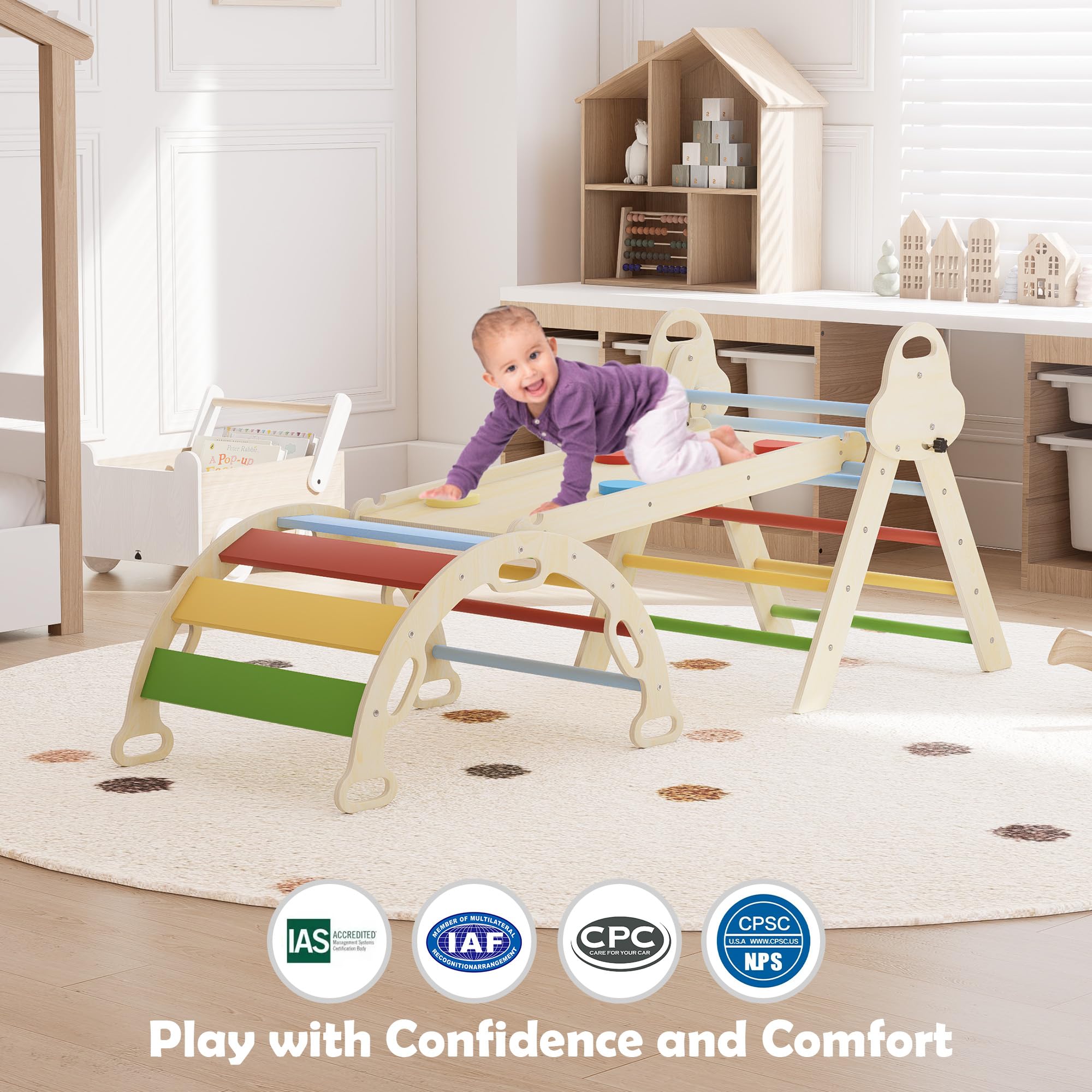 Pikler - Juego de triángulos 7 en 1 para niños pequeños, juguetes de escalada plegables para bebés, juguetes de escalada Montessori de madera con arco, rampa, escalera para 1-3 años, gimnasio de la 6