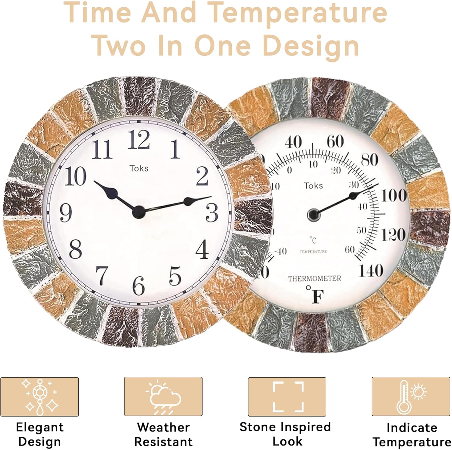Lily's Home 10 inch Indoor or Outdoor Hanging Wall Clock and Thermometer Set,Stone Frame Battery Operated Quartz Movement, Operated Decor for Family Room, Office, Game Room,Garden, Backyard, Pool