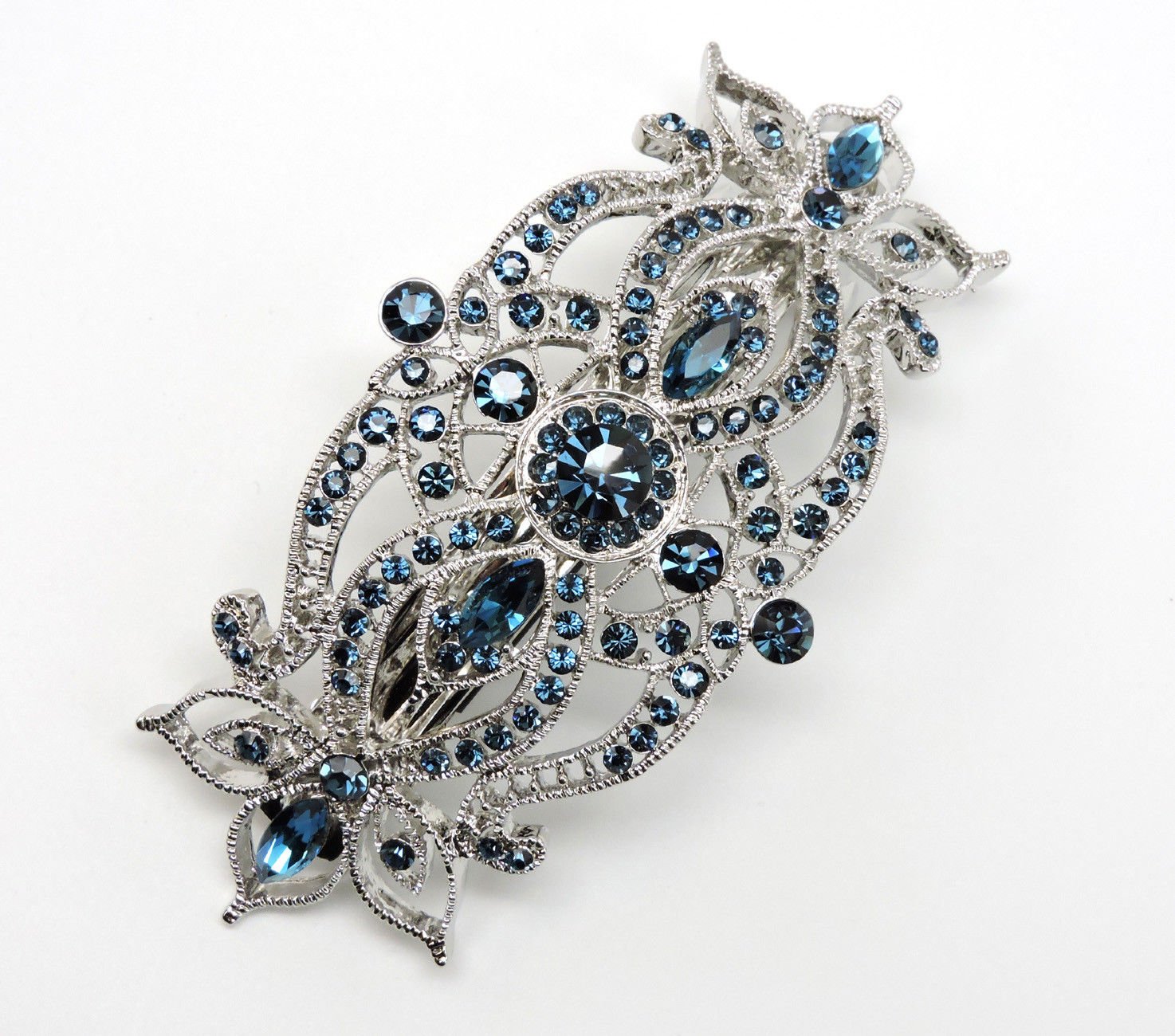 Faship Gorgeous Navy Blue Rhinestone Crystal Big Floral Hair Barrette