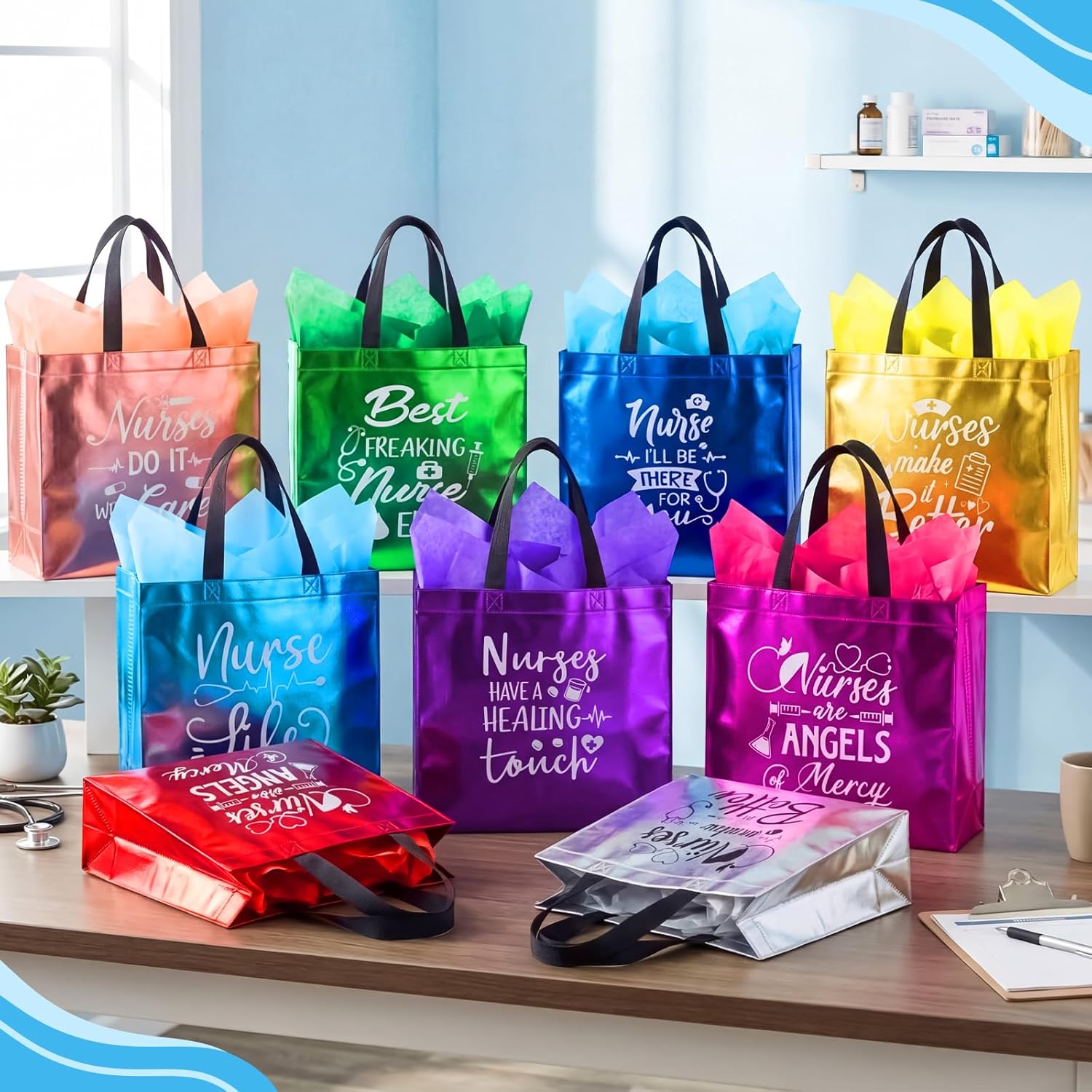 Kacctyen 36 Pcs Nurse Appreciation Gift Bags Bulk Reusable Non-woven Bags with Handles and Tissue for Nurse Appreciation Week Medical Graduates Healthcare Workers New Nursing, 13 x 5 x 11 Inch