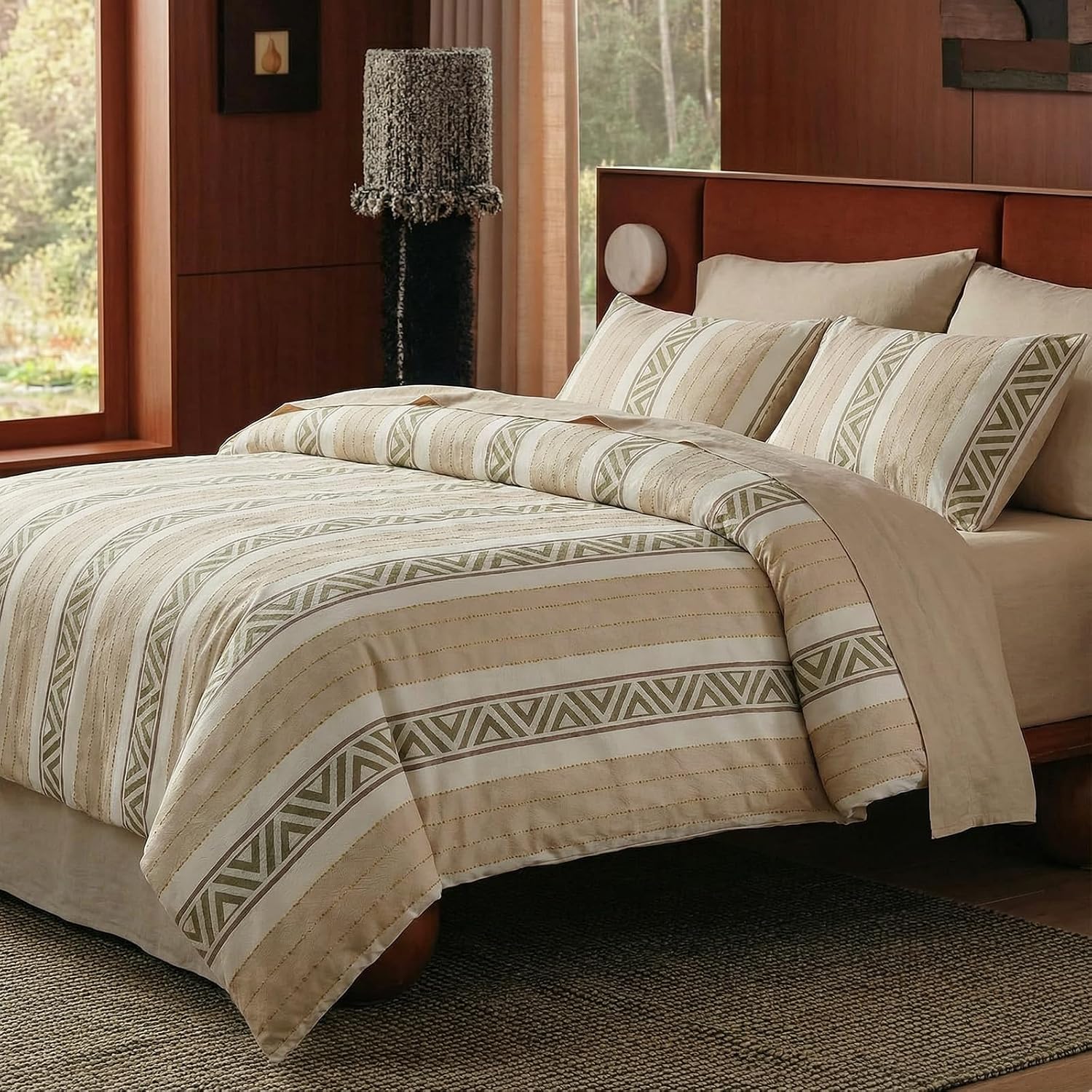 100% Cotton Tufted Duvet Cover Set Queen Size, Neutral Geometric Striped Bedding Set, Soft Breathable Natural Cotton, Boho Farmhouse Style Comforter Cover with Zipper Closure