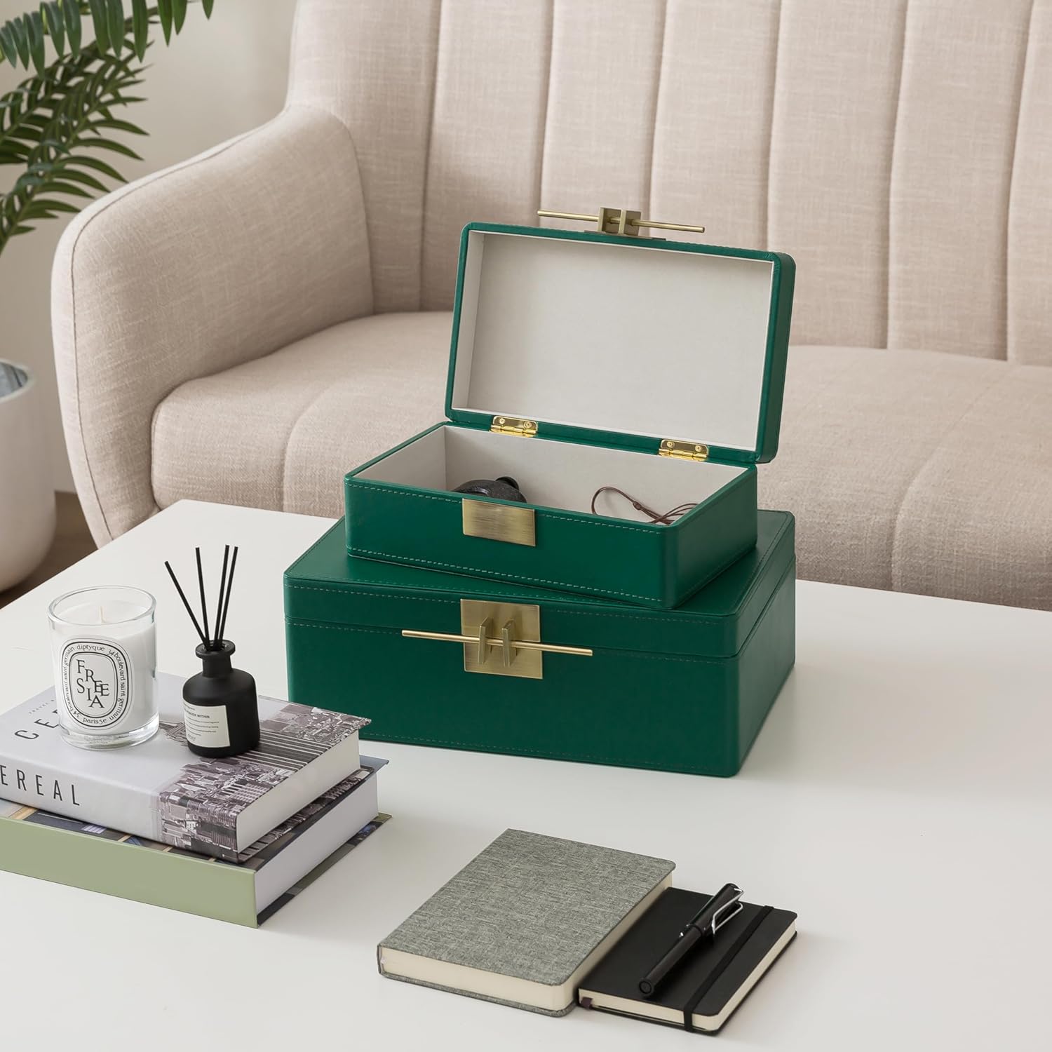 Soul & Lane Faux Leather Decorative Boxes with Lids for Home Decor, Set of 2 Stacking Hinged Boxes for Coffee Table and Living Room Shelves, Remote Control Holder, Emerald Green