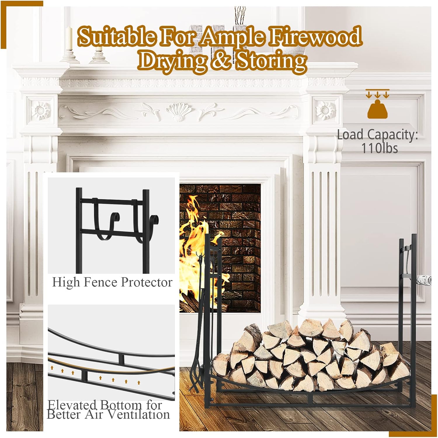 Goplus Firewood Rack Indoor, 36” Firewood Holder with 4- Piece Fireplace Tools-Shovel, Poker, Tongs, Brush, Kindling Holders, Heavy Duty Indoor Log Storage Rack, Outdoor Wood Rack for Fire Pit, Stove