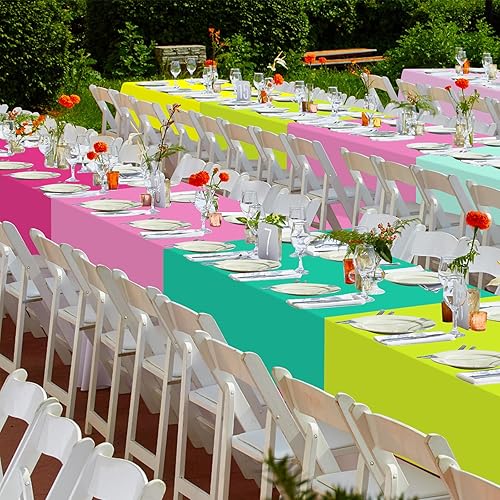 Miniatura 7 de Paquete de 12 manteles de plástico hawaianos para mesas rectangulares, cubierta de mesa desechable tropical rosa, verde, amarillo, mantel