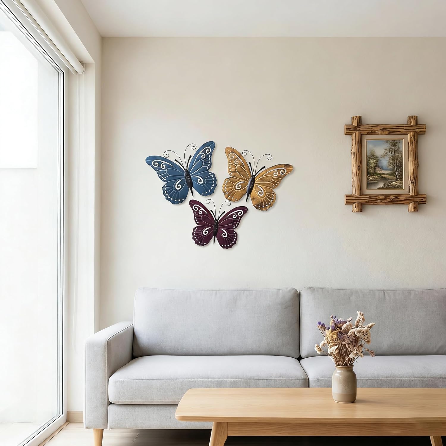 GUANYANG 3 Pcs Metal Butterfly Wall Decor, 3D Metal Butterfly Wall Art, Waterproof Sturdy Hanging Wall Sculpture, Easy to Install, 2 Pcs 45x35cm & 1 Pc 26x28cm, Indoor Outdoor Home Decor for Living Room Bedroom Patio