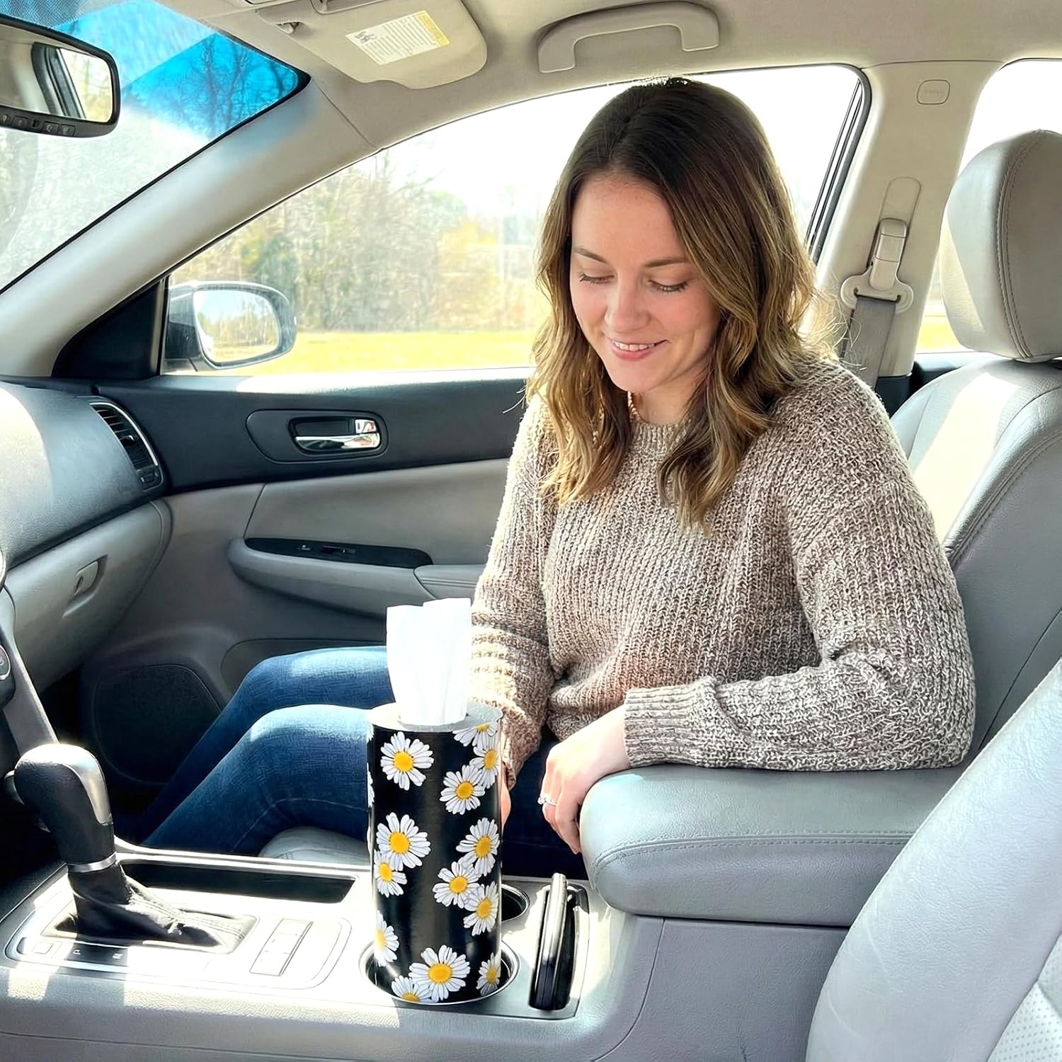 Car Tissues Cylinder for Cup Holder - Refillable Round Tissues Canister with 2 Packs Tissue - Boho Floral Car Interior Accessories for Women & Men - Cute Flower Cars Decorations (Daisy) image 2