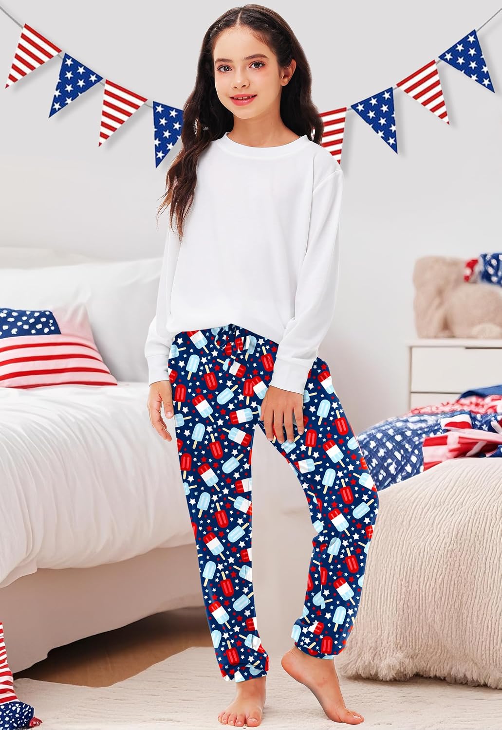 Deerose 4th of July Pants American Flag Drawstring Sweatpants with Pockets 5-14 Years