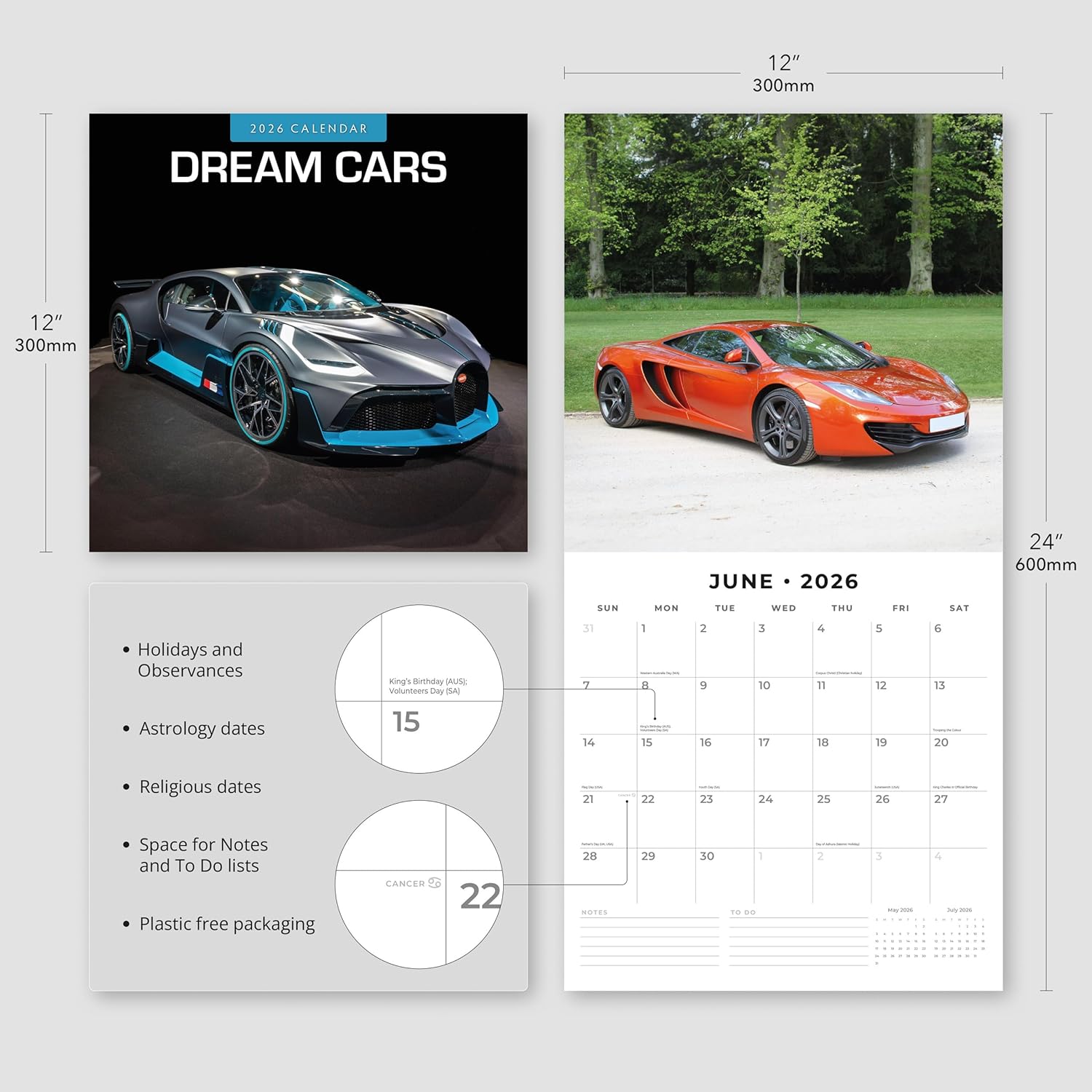 Red Robin 2026 Dream Cars Monthly Wall Calendar | 12" x 24" Open | Premium Thick & Sturdy Paper | Hangable 12 Month Calendar | Lined Notes & To Do Area | Vivid Images | Plastic Free - Image 3