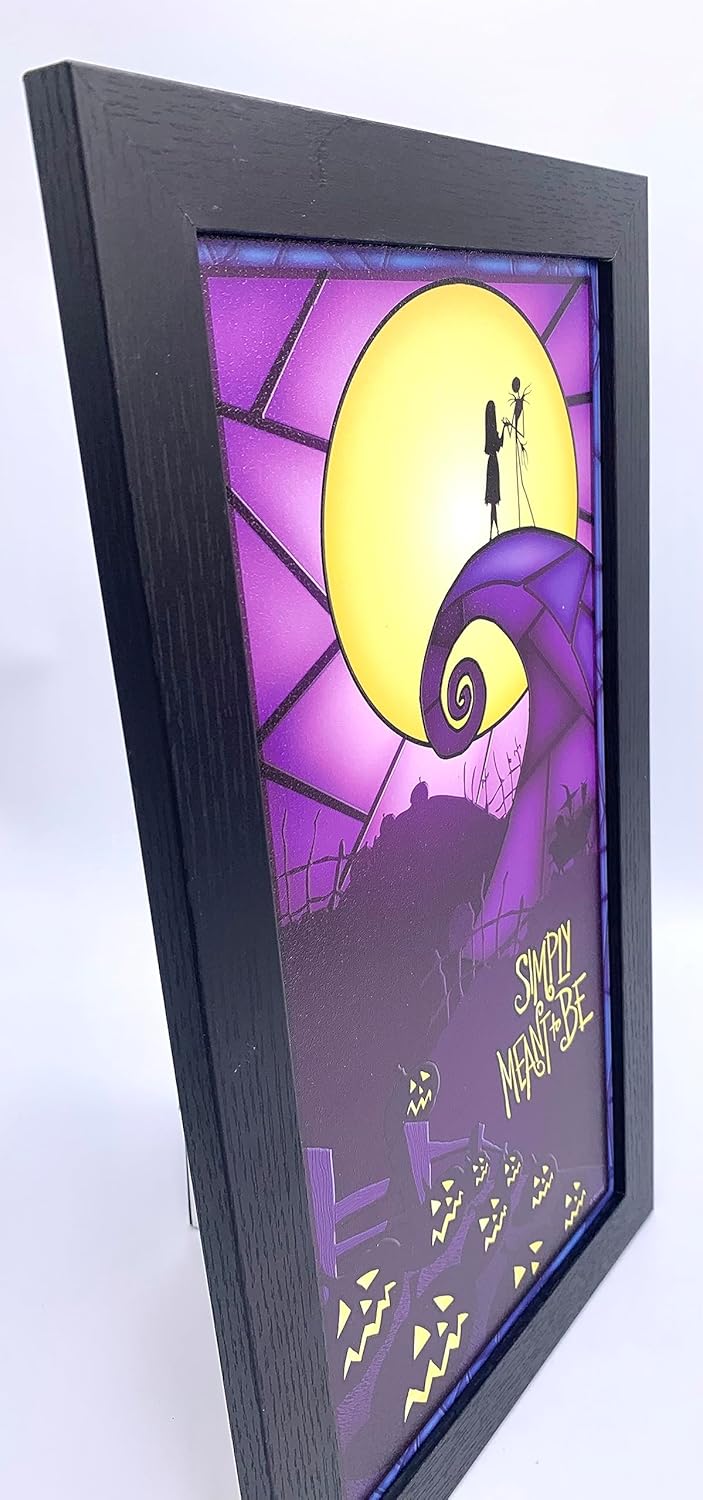Silver Buffalo Disney Tim Burton’s Nightmare Before Christmas Gel Coat 10" x 18" Framed MDF Wall Art – “Simply Meant to Be” Jack and Sally on Spiral Hill
