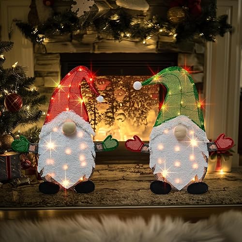 Miniatura 6 de TW SHINE Juego de 2 gnomos de Navidad iluminados, 50 l, 2 pies, gnomo apilable, decoración de Navidad para interiores y exteriores, festividades,