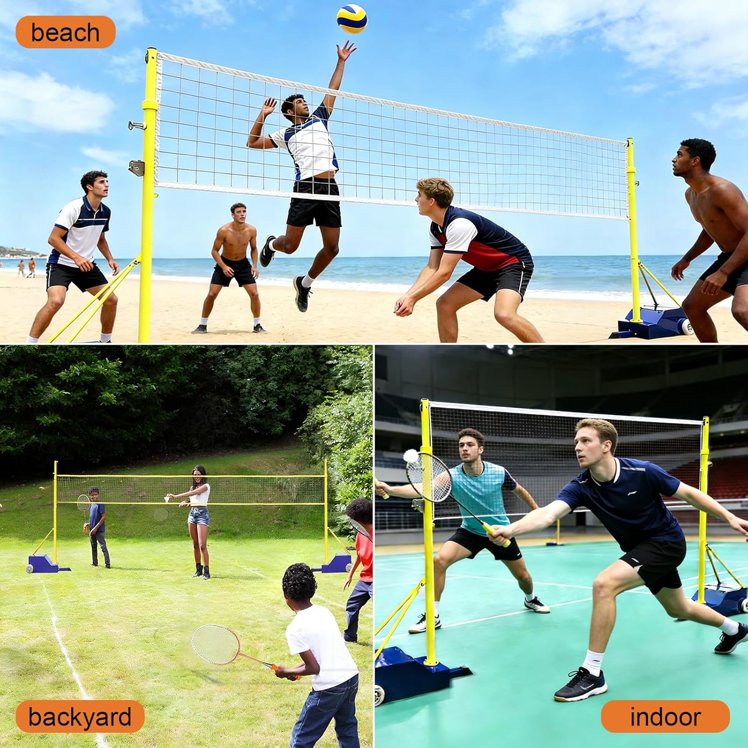 Ultimate Dual-Sport Net Pole System w/ Wheels - Adjustable Volleyball & Badminton Net for Backyard, Indoor & Outdoor | Heavy-Duty Steel Frame, Easy Setup, 4 Heights (5ft-6.9ft) | Includes Both Nets