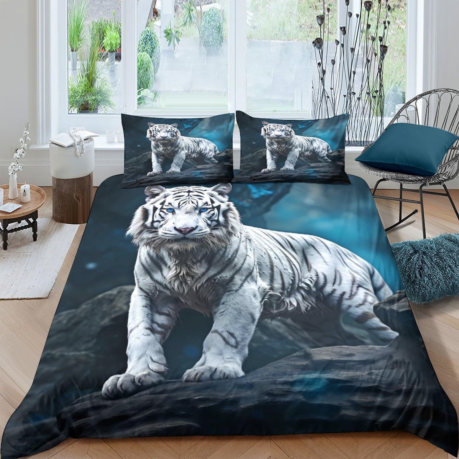 GPLZQXKJNH 3D Printed White Tiger Duvet Cover Microfiber Soft Breathable Forest Quilt Cover Set with 2 Pillowcases for Bedroom Decor Single（135x200cm）