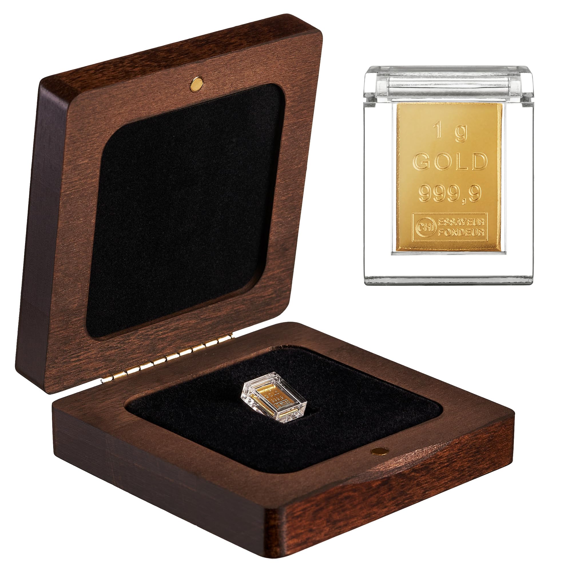 Goldstücke24 - Gold verschenken - 1g Goldbarren im hochwertigen Echtholzetui - Grußkarte - tolle Geschenkidee - Feingold 999.9