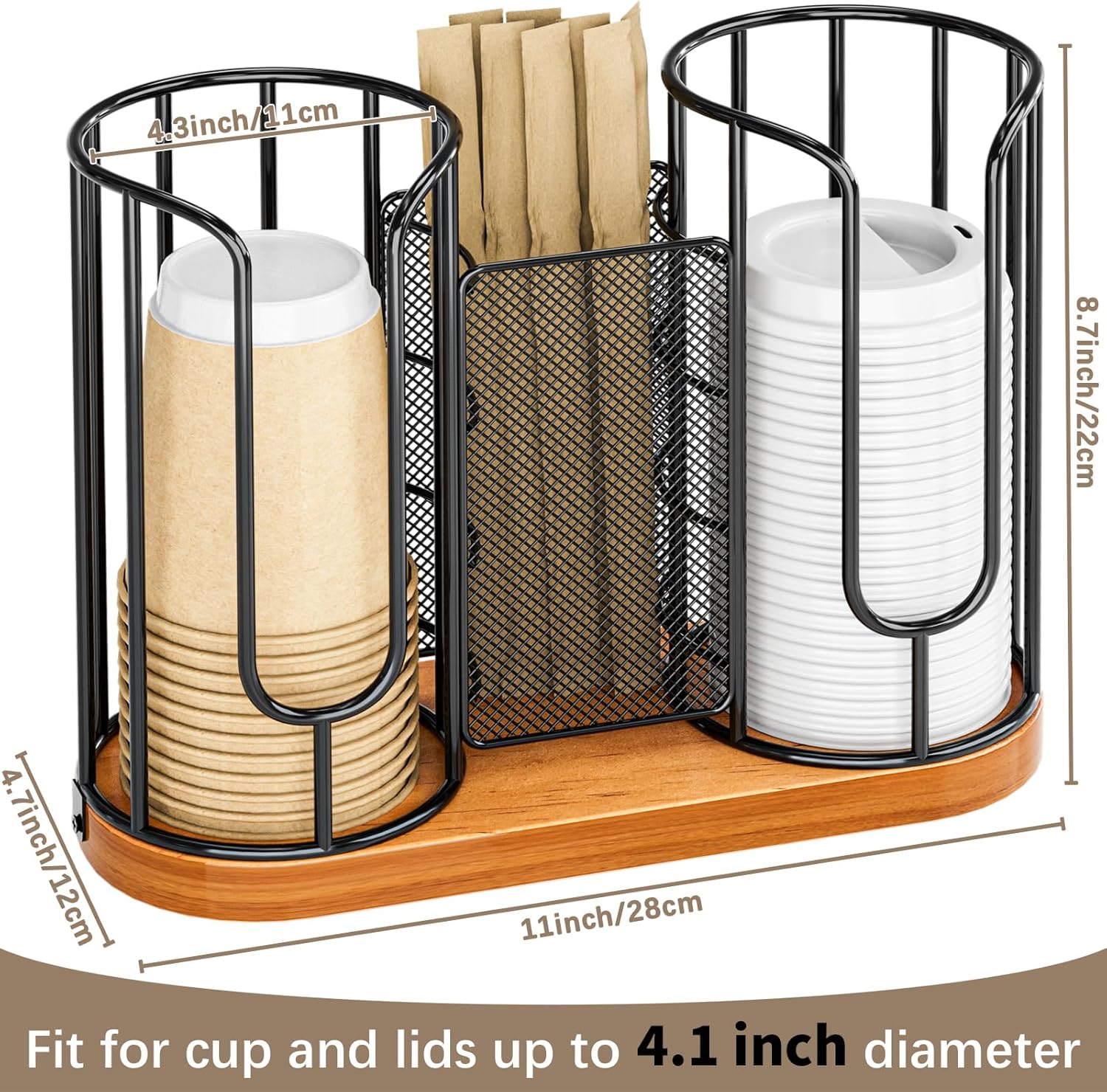 Coffee Cup and Lids Holder - Disposable Cups Straws Organizer with Wooden Base - Paper Plastic Cup Holder Dispenser Storage for Countertop Coffee Station Bar Restaurant Office Breakroom Shop Kitchen