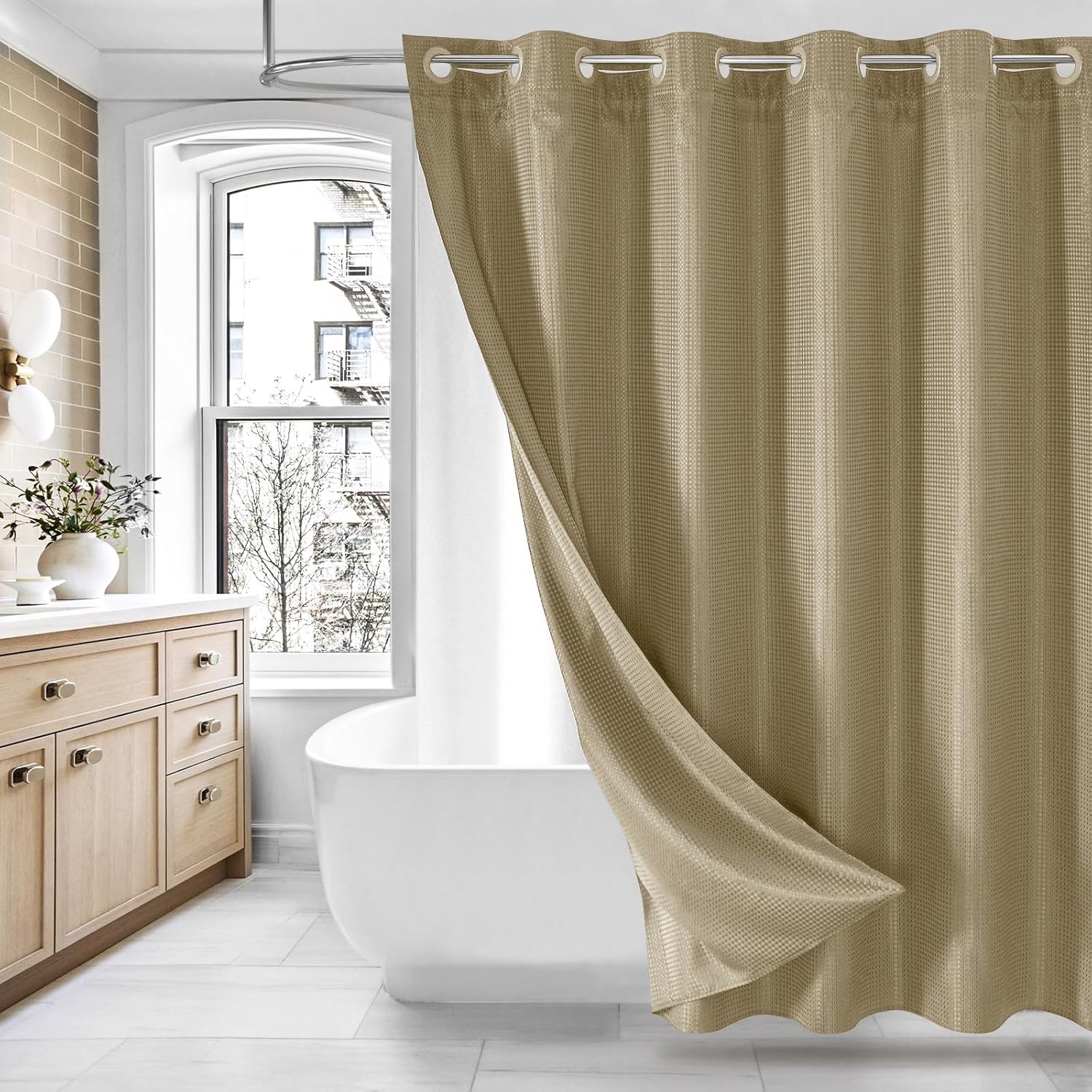 MitoVilla Beige Long Shower Curtain Liner Set 72 x 80, No Hooks Needed 80 inch Long Heavyweight Waffle Fabric Shower Curtain Set with Snap-in Liner for Hotel Grade Spa-Like Bathroom Decor, Beige/Khaki