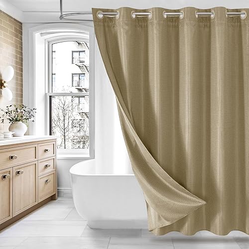 Miniatura 9 de MitoVilla Juego de cortinas de ducha de punto gofre gris que no necesitan ganchos, cortina de ducha moderna de tela resistente con forro a presión