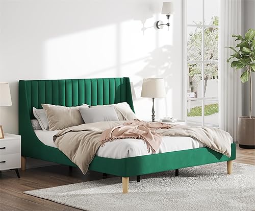 Miniatura 4 de Sunrise Coast Base de cama tamaño Queen con cabecero vertical copetudo, cama con diseño de alas, marco de cama Queen de terciopelo verde, no