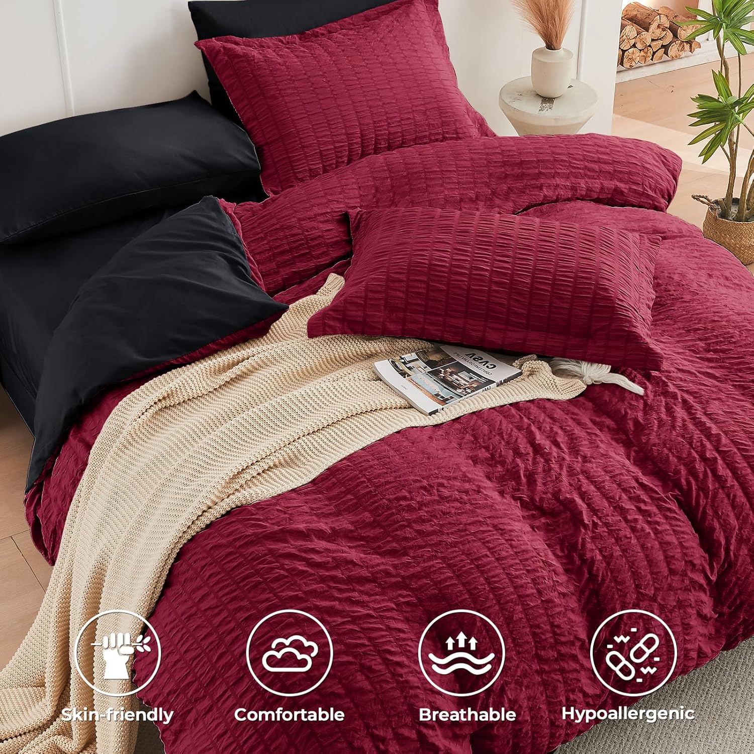 HYMOKEGE Red & Black Full Size Comforter Sets Seersucker 7 Pieces, All Season Luxury Bed in a Bag for Bedroom, Bedding Set with Comforters, Sheets, Pillowcases & Shams - Image 3