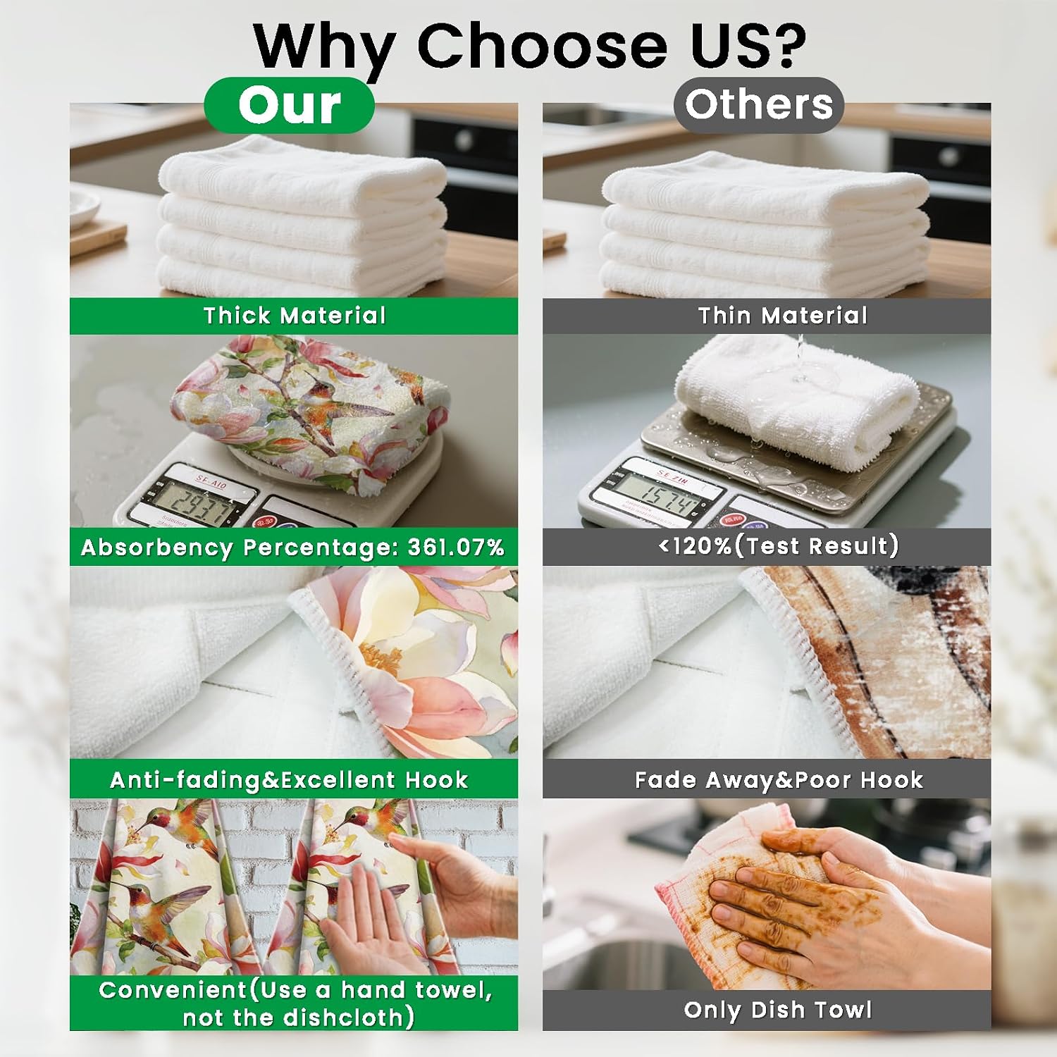 CUTHOLLOW Hummingbirds&Orchids Hanging Kitchen Towels with Loop, Set of 2 - Soft & Super Absorbent Microfiber Decorative Hanging Dish & Hand Towel, Tea, Coffee Towel for Kitchen Bathroom Oven Handle
