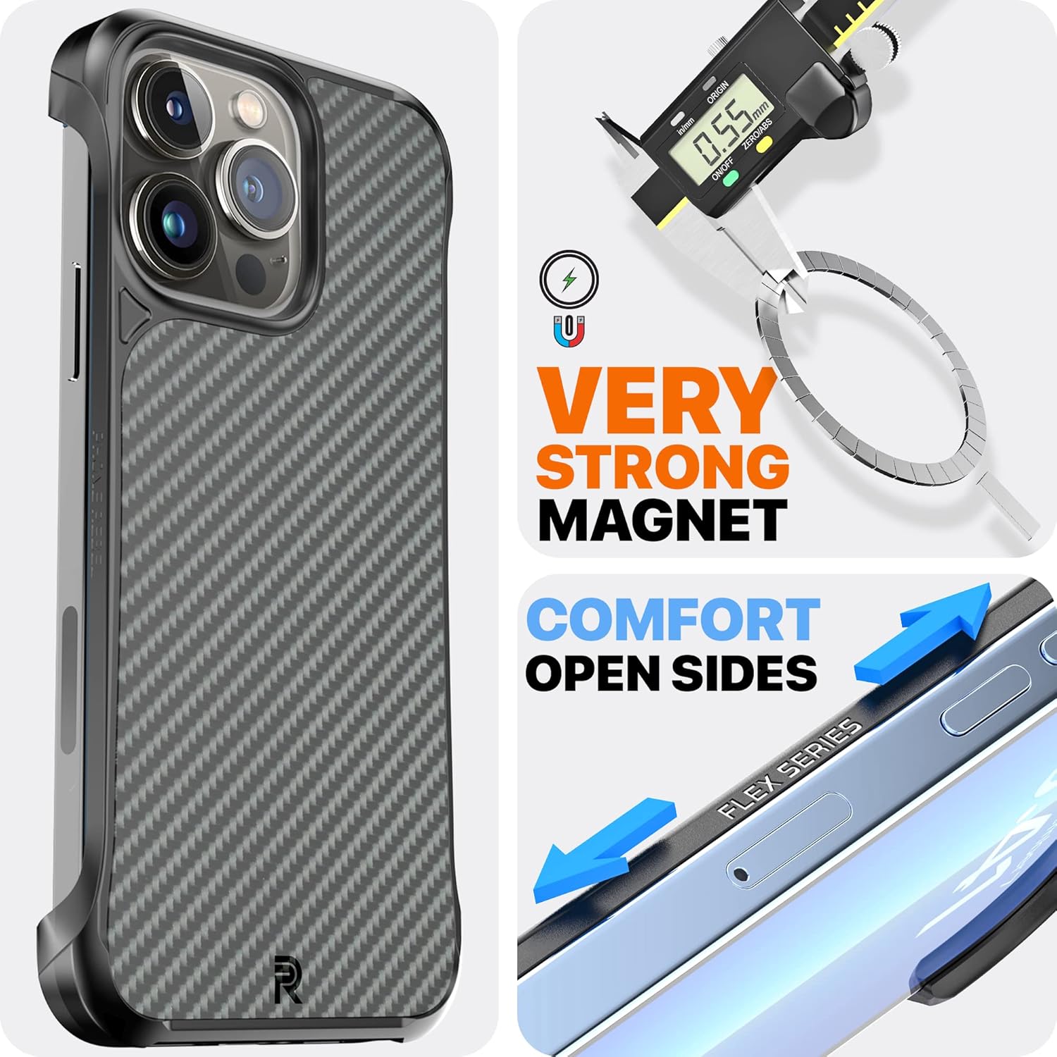 REBEL Case for iPhone 13 Pro [Flex Series] Exposed Sides for Comfort, Aramid Fiber, Compatible with MagSafe, Protective Raised Corners, Slim Fit Frameless Cover, 6.1 Inch Phone 2021 (Flex Black)