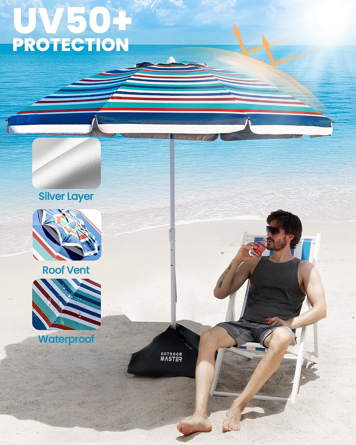 OutdoorMaster Beach Umbrellas for Sand with Sandbag & Anchor, 7.2ft Adjustable Umbrella for Beach Heavy Duty Wind, Portable UPF50+ Sunshade with Carry Bag for Patio
