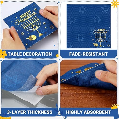 Miniatura 7 de Honoson 100 servilletas de Hanukkah desechables de papel, servilletas de cóctel para almuerzo, servilletas de invitados para fiestas temáticas de
