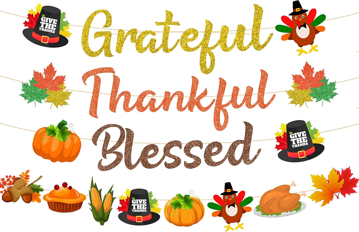 Grateful Thankful Blessed Banner - for Happy Thanksgiving Decorations, Glitter Thanksgiving Garland for Holiday Fall Autumn Party Friendsgiving, Home Office Decor Supplies