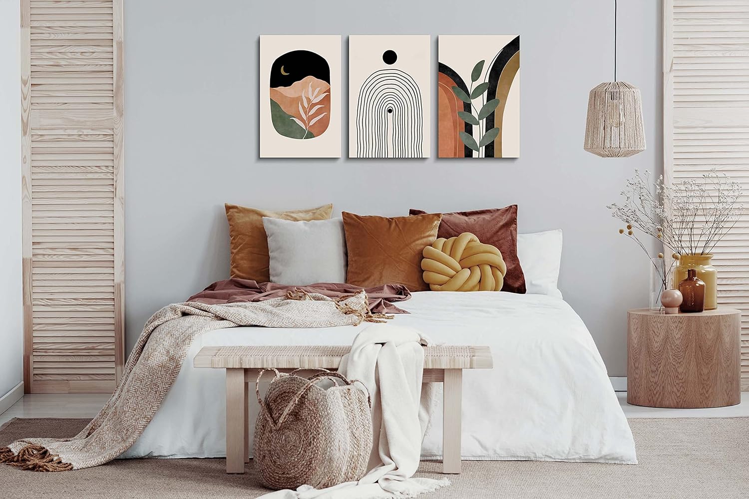 Boho Wall Art Prints Set of 3, Boho Wall Decor, Mid Century Modern Prints Sun Moon Leaf Mountain Canvas Wall Painting, Neutral Abstract Geometric Prints Canvas Artwork Prints for Bedroom Bathroom Living Room Office