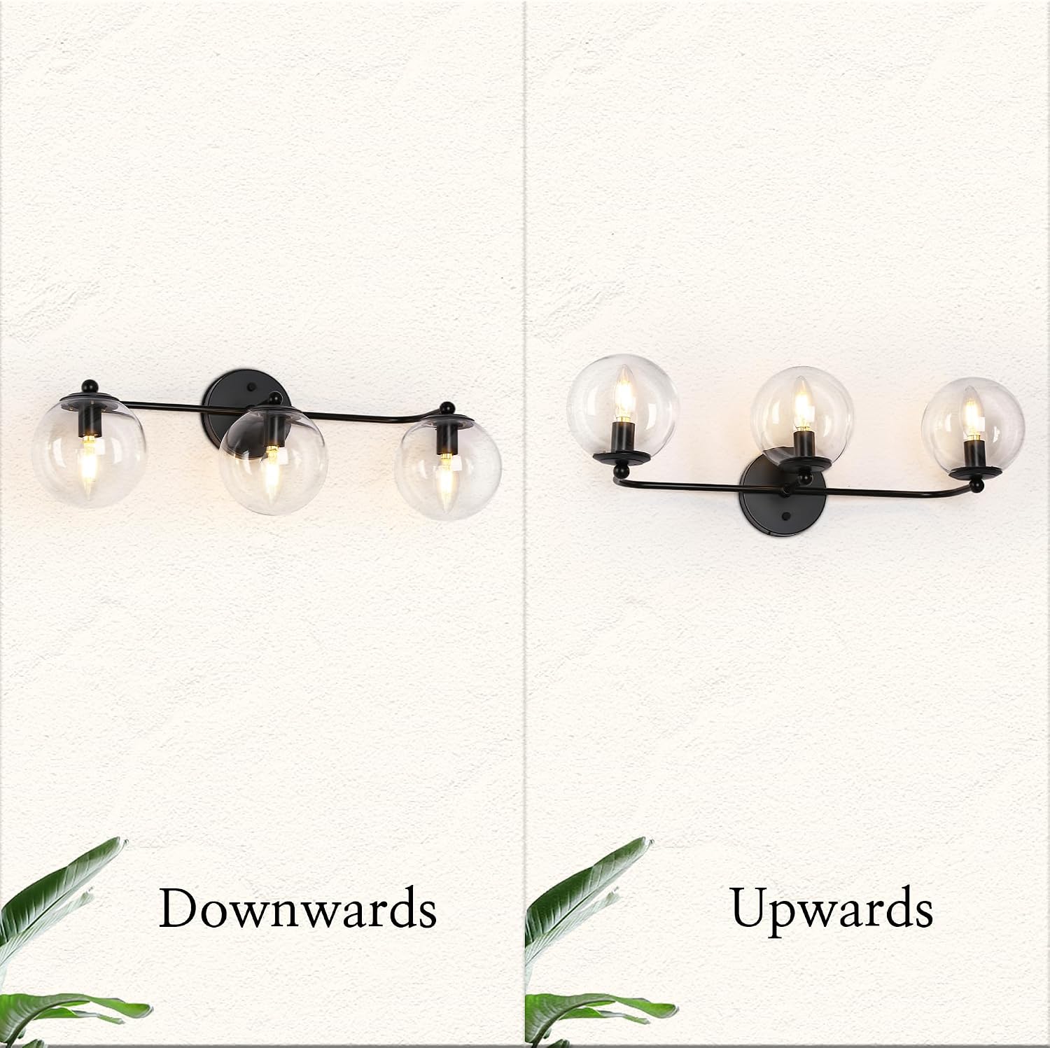 Bathroom Light Fixtures, 3-Light Black Vanity Light with Clear Glass Shade, Modern Farmhouse Wall Lamp Over Mirror