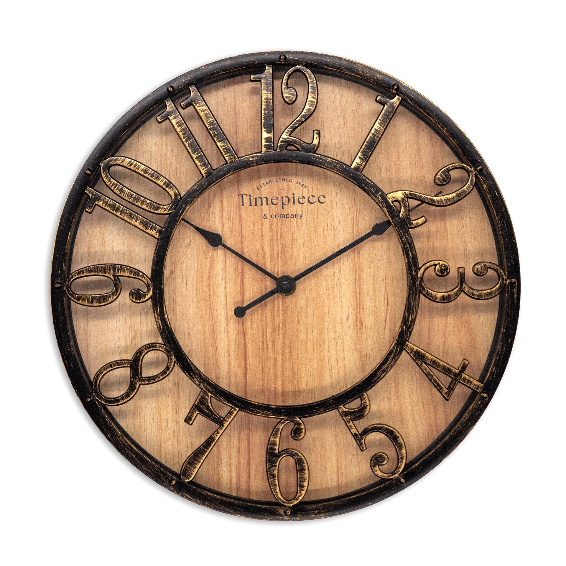 K&L Wall Art gran reloj de pared vintage de estilo industrial de casa de campo relojes de pared de aspecto madera-metal sin sonido de tictac reloj silencioso (Farmhouse Brown, Ø 50cm)