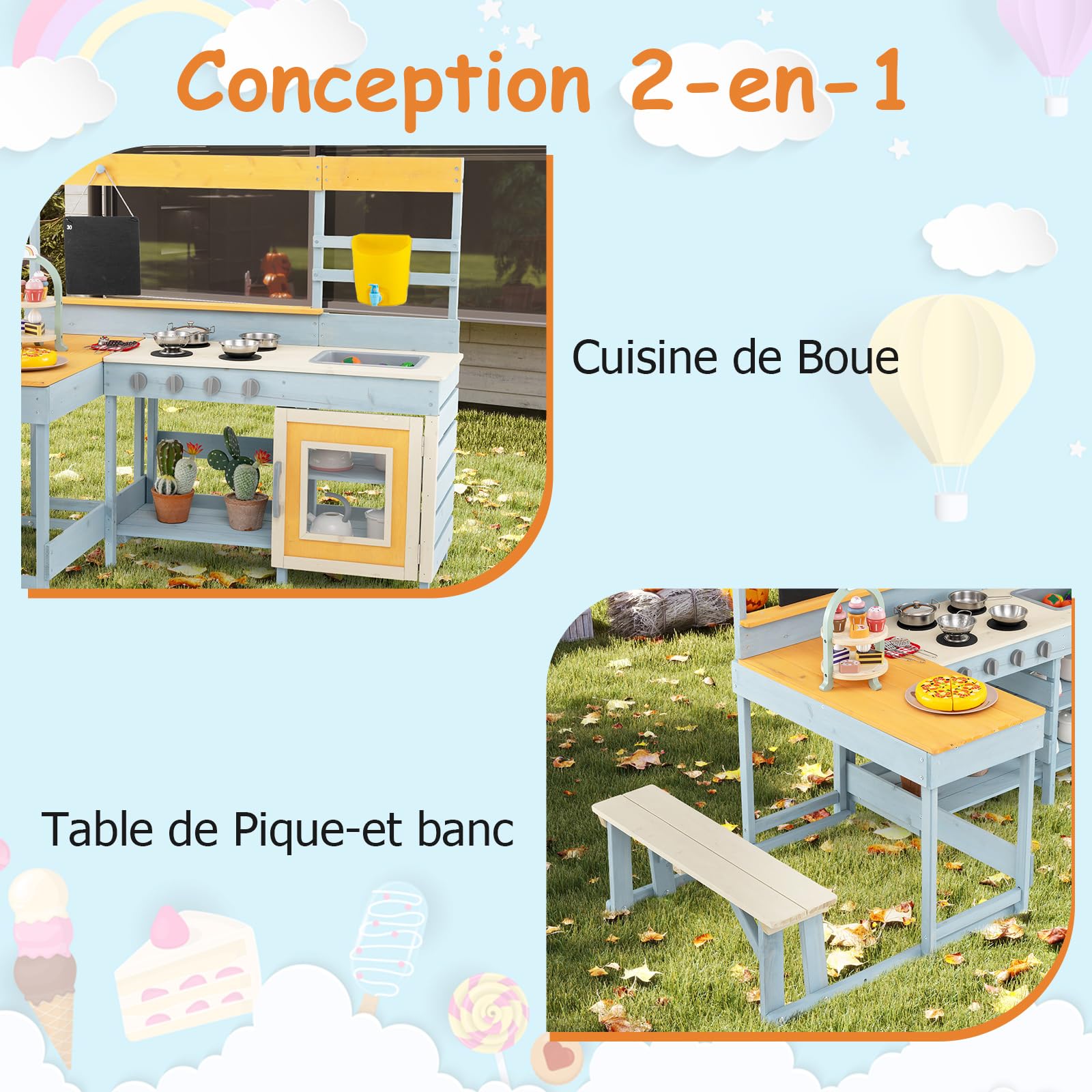 COSTWAY 2 en 1 Cuisine Extérieure Enfant avec Tableau Noir & Table de Pique-Nique, Cuisine de Boue en Bois de Sapin avec 7 Desserts & 8 Ustensiles, Jeu d'Imitation Boueuse pour Jardin Balcon, 3 Ans+