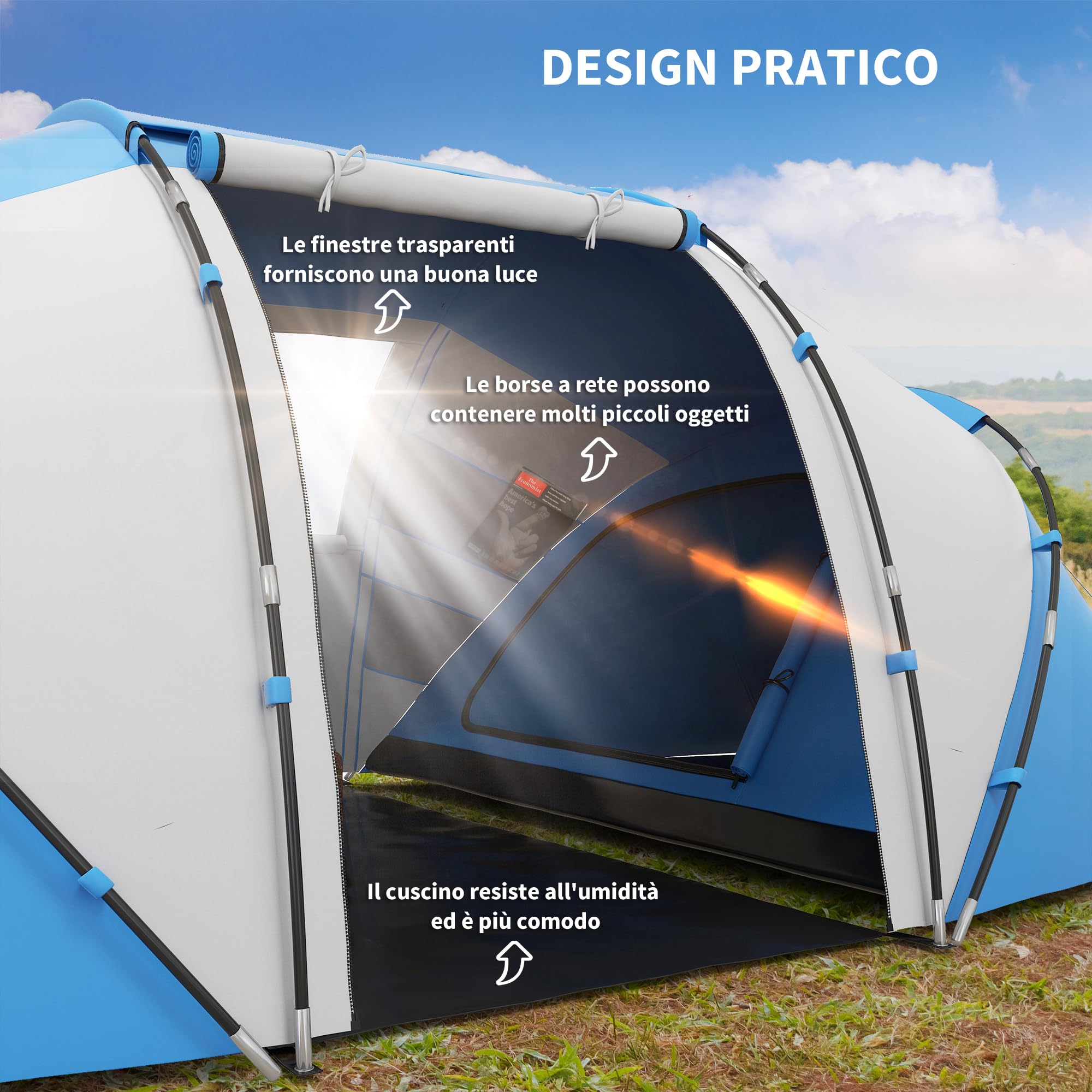 Outsunny Tenda da Campeggio 4 Posti con 2 Zone Notte e Borsa da Trasporto, 430×240×170 cm, Bianco e Azzurro