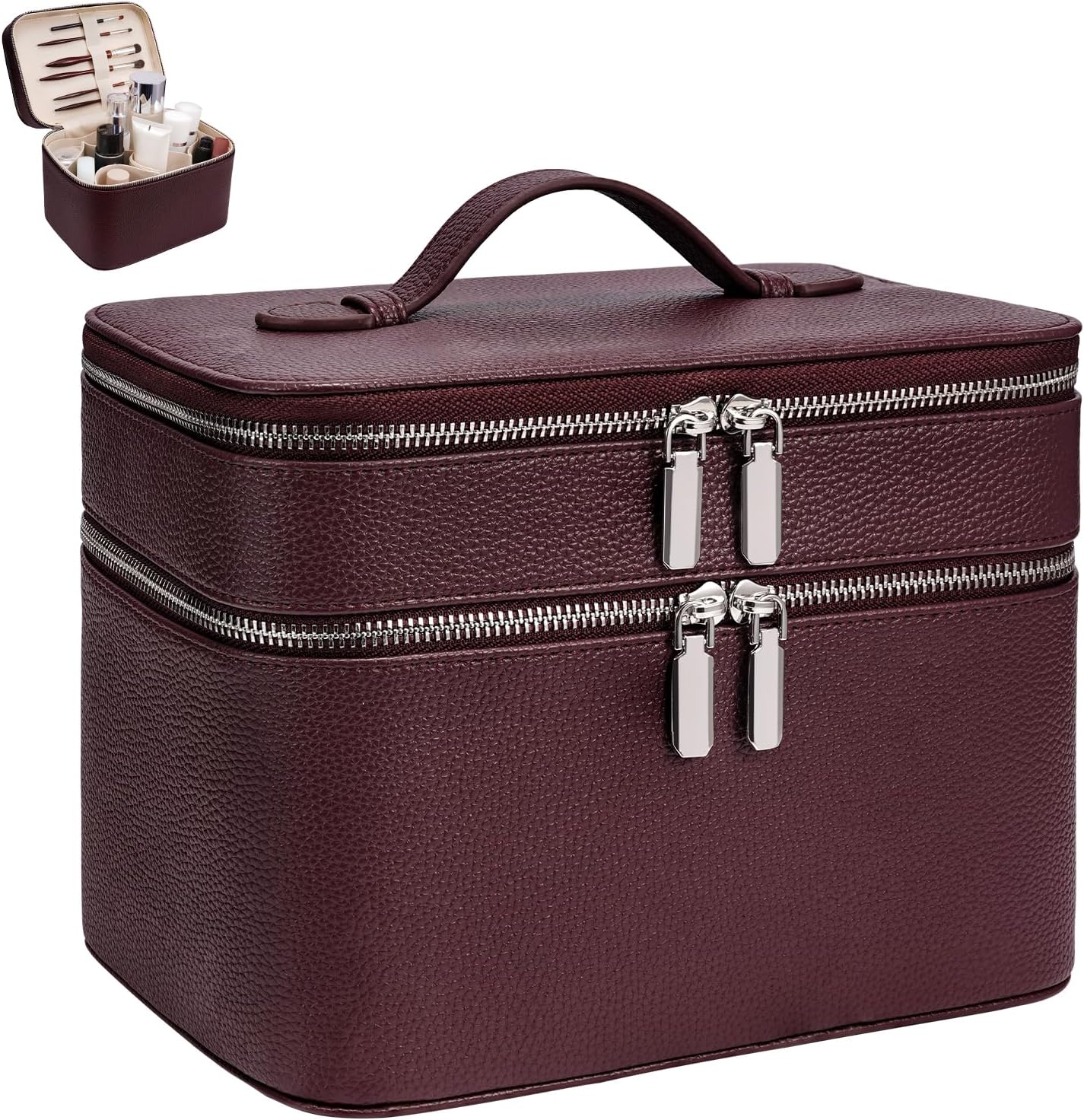 Makeup Case, Large Capacity Leather Makeup Bag for Women,Large Capacity Waterproof Double Leather Cosmetic Case,Removable Compartment Travel Organizer